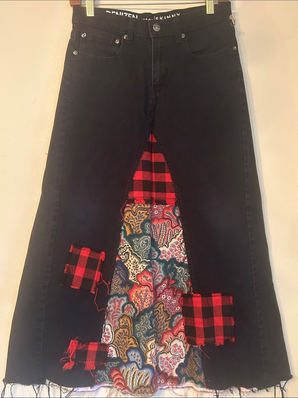 Upcycled black denim floral and plaid Levi’s maxi skirt